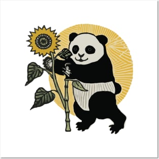 Ukiyo-e Style Smiling Panda Holding a Sunflower With the Sun Behind Posters and Art